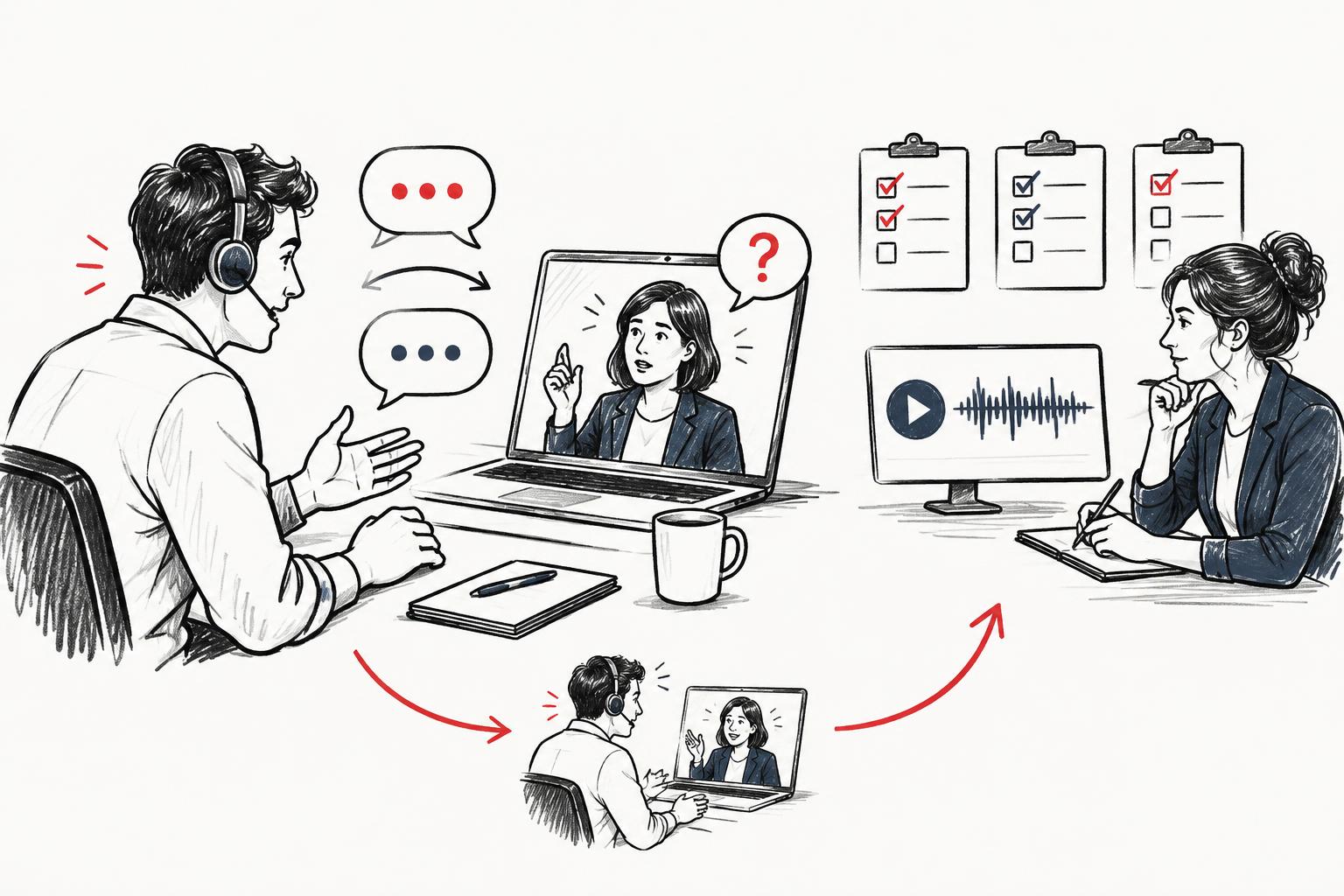 Whiteboard illustration of a salesperson rehearsing a buyer conversation, then reviewing listening and objection-handling feedback with a manager