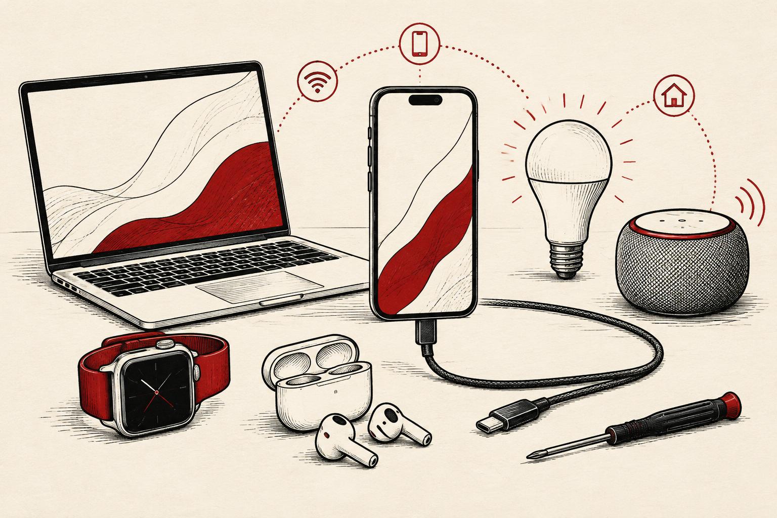 Whiteboard drawing of a laptop, smartphone, smartwatch, earbuds, connected home devices and a USB-C cable