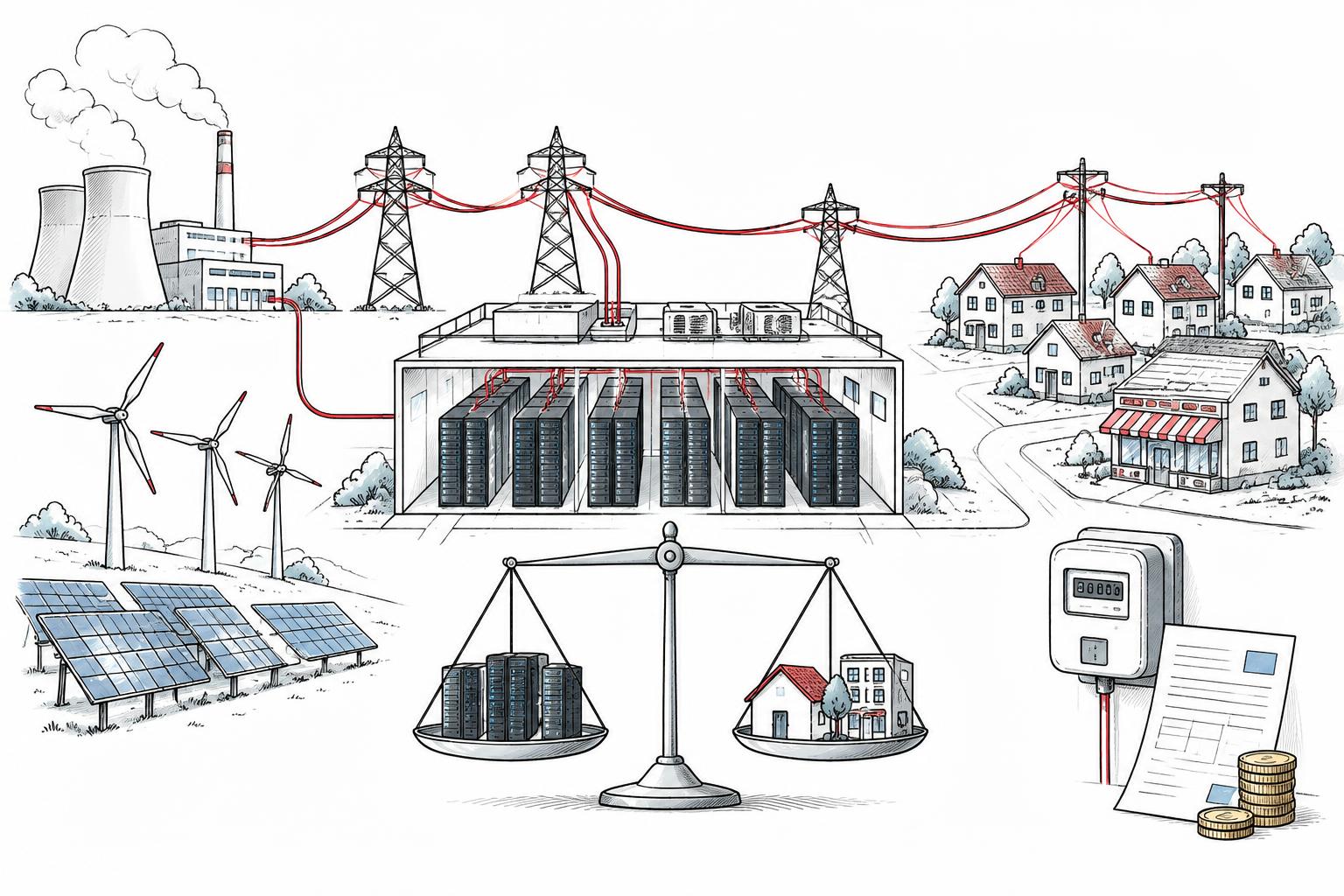 Whiteboard illustration of data-center servers sharing electricity infrastructure with homes and businesses, alongside generation, transmission lines and a household bill