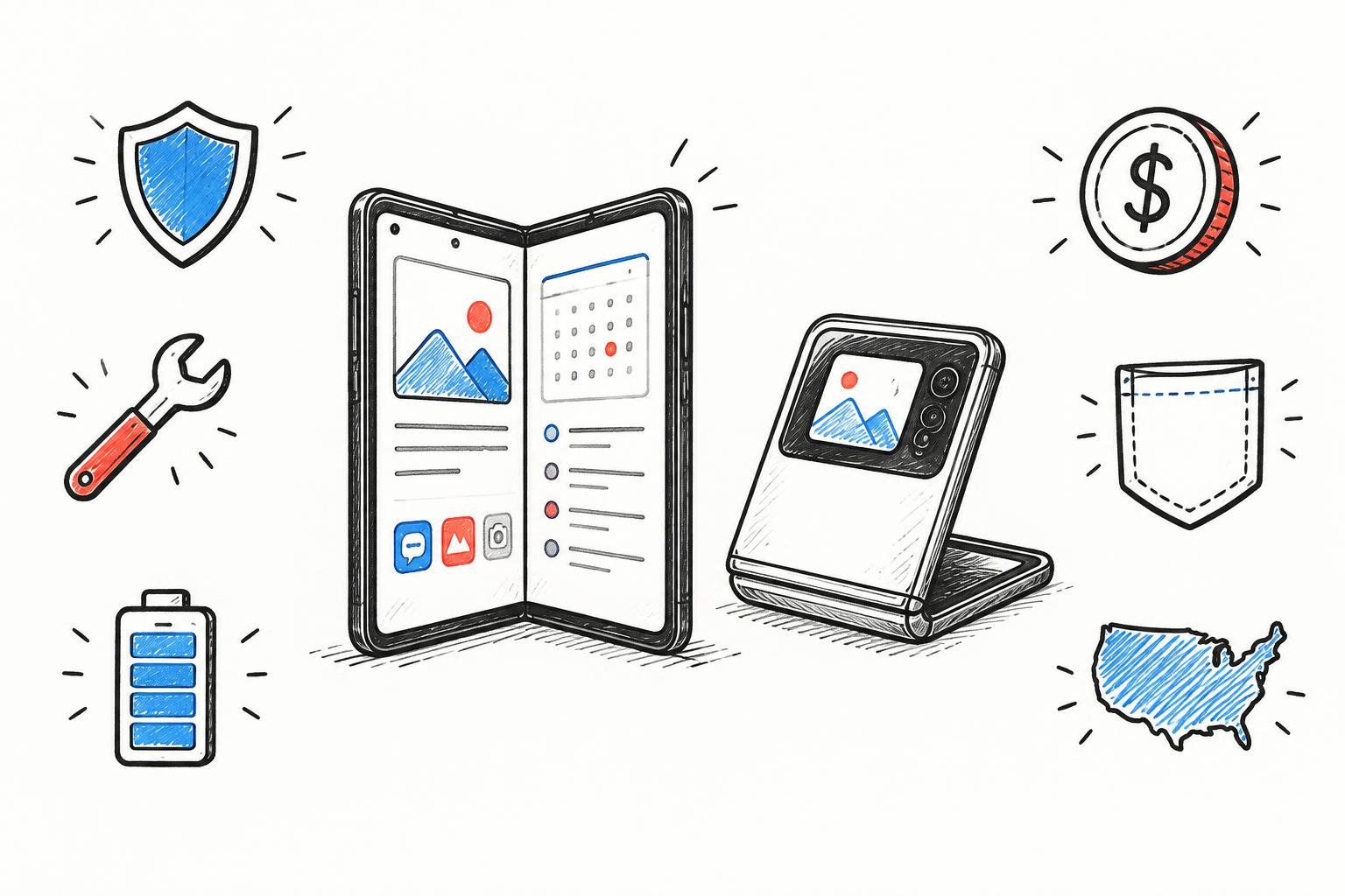 Whiteboard illustration comparing a book-style foldable phone and a clamshell flip phone with repair, battery, cost and pocket icons