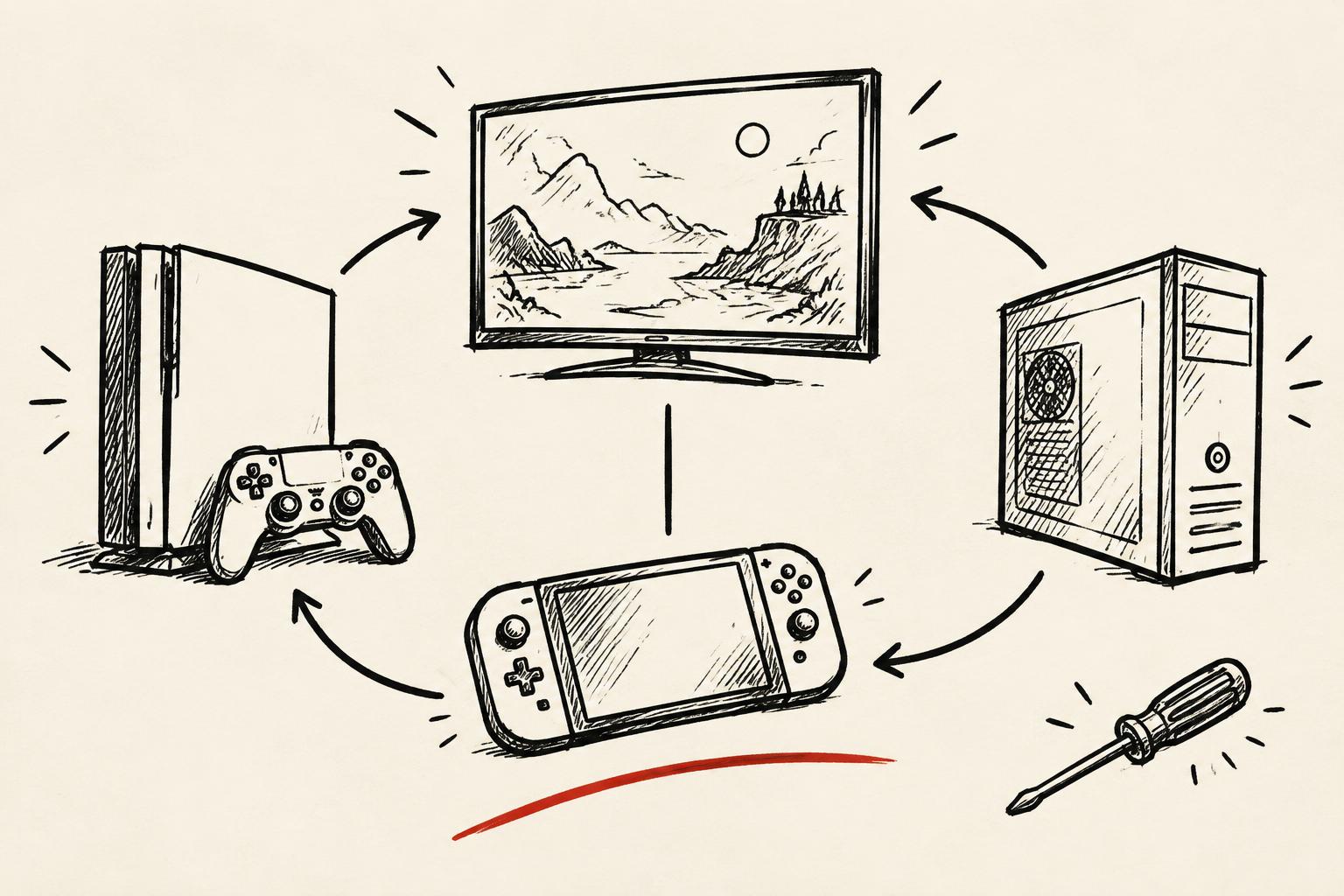 Whiteboard drawing of a game console, controller, handheld device, PC tower, television and a repair screwdriver