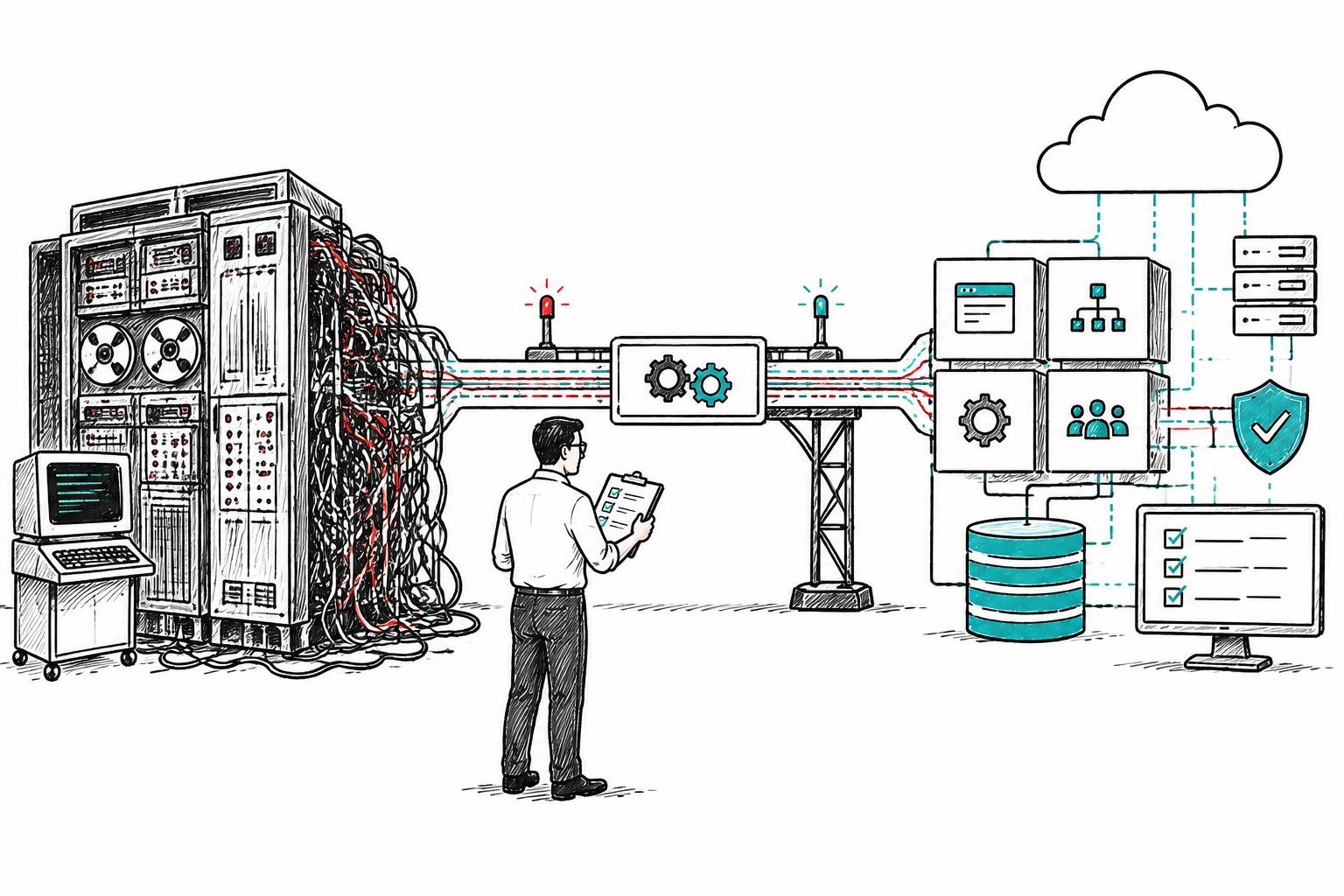 Whiteboard drawing of an engineer checking a staged bridge between a legacy mainframe and modular cloud applications, with database connections and validation checks