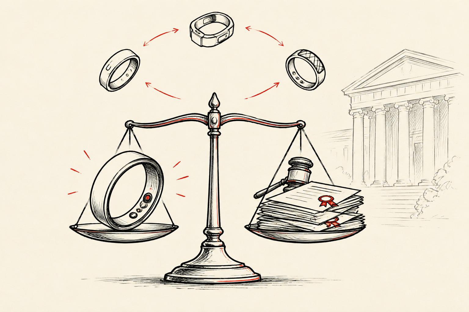 Whiteboard drawing of a smart ring and a stack of patent documents balanced on a scale of justice, with a courthouse in the background
